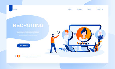 Recruiting vector landing page template with header. Staff search web banner, homepage design with flat illustrations
