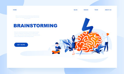 Brainstorming vector landing page template with header. Idea generation web banner, homepage design with flat illustrations