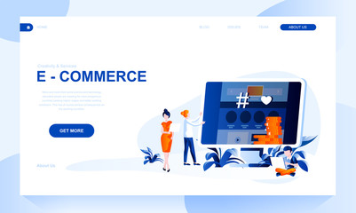 E-commerce vector landing page template with header. Online selling web banner, homepage design with flat illustrations