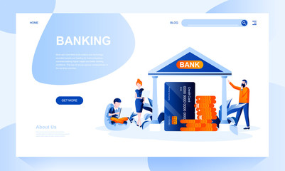 Naklejka premium Banking vector landing page template with header. Financial institution web banner, homepage design with flat illustrations