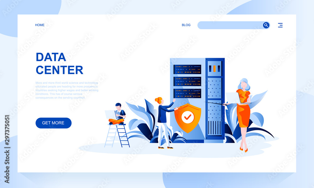 Wall mural data center vector landing page template with header. computer systems and telecommunications web ba