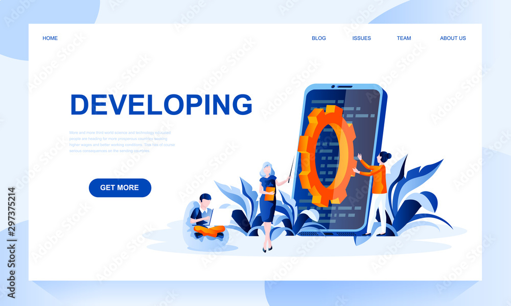 Poster Developing vector landing page template with header. Mobile application coding web banner, homepage design with flat illustrations
