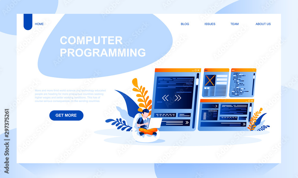 Poster Computer programing vector landing page template with header. Writing source code web banner, homepage design with flat illustrations
