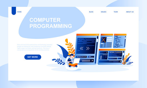 Computer programing vector landing page template with header. Writing source code web banner, homepage design with flat illustrations