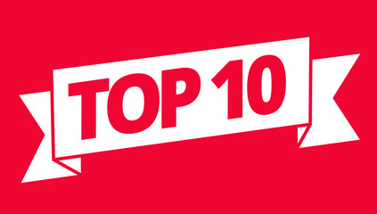Top 10. Best ten list. Word on ribbon. Winner tape award text title. Vector Illustration on a red background.