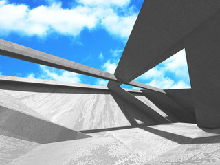 Concrete room wall construction on cloudy sky background