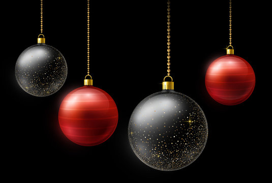 Realistic black and red Christmas balls hanging on gold beads chains on dark background