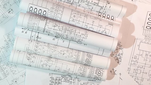 Science, technology and electronics. Electrical engineering drawings printing. Scientific development.	
