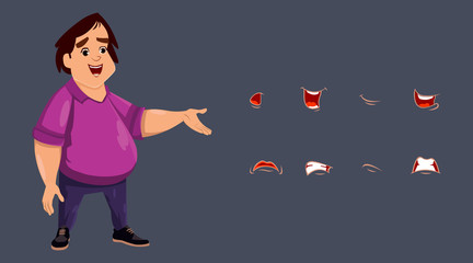 Cute fat boy character mouth animation set. Flat style vector illustration.