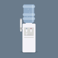 Floor water cooler with glass holder for office and home. Plastic bottle. Water dispenser with blue full bottle, as well hot and cold water taps. Isolated on blue background.Vector illustration