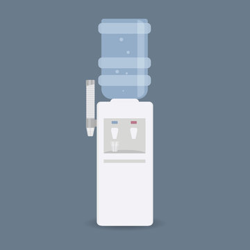 Floor water cooler with glass holder for office and home. Plastic bottle. Water dispenser with blue full bottle, as well hot and cold water taps. Isolated on blue background.Vector illustration