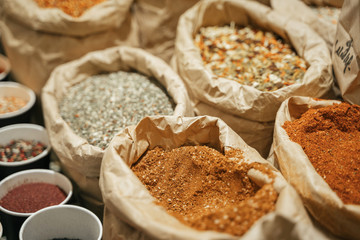 Spices are sold on the open east market. India, Pushkar