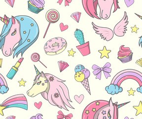 Seamless pattern with unicorns, rainbow, sweets etc.