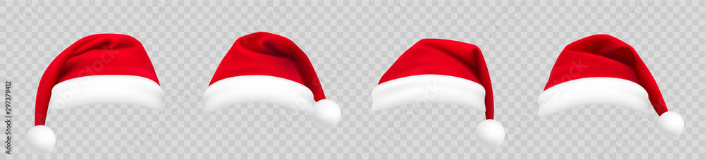 Wall mural realistic set of red santa hats. new year red hat. - stock vector.