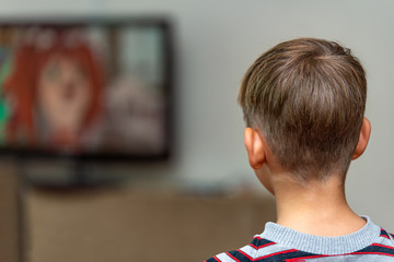 The boy looks at the camera on the background of the TV in the rest room.