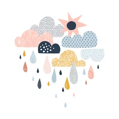  Vectorhemelillustratie met wolken, regendalingen en zon. Leuke doodle decoratieve Scandinavische print voor textiel, stof, kleding kinderkamerontwerp © AngellozOlga