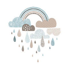 Vektorhimmelillustration mit Wolken, Regentropfen und Regenbögen Niedlicher dekorativer skandinavischer Druck des Gekritzels für Textil-, Gewebe-, Bekleidungskinderkindergartendesign