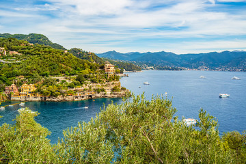Fototapeta na wymiar View from the castle Brown to Portofino on the sea, Liguria - Italy