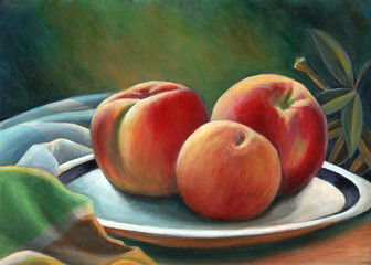 Still life with peaches and plum