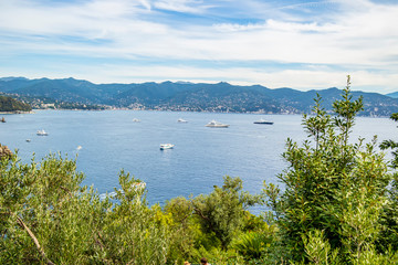 Naklejka na ściany i meble View from the castle Brown to Portofino on the sea, Liguria - Italy