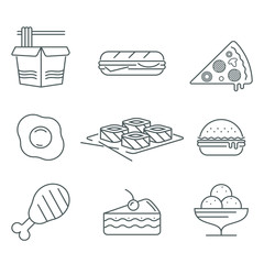 Fast food thin line icon set isolated on white background, black color for restaurants and fast food bars, for print, mobile applications and web design.