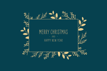 Merry Christmas modern elegant card with frame banner greetings and golden fir pine branches on green background