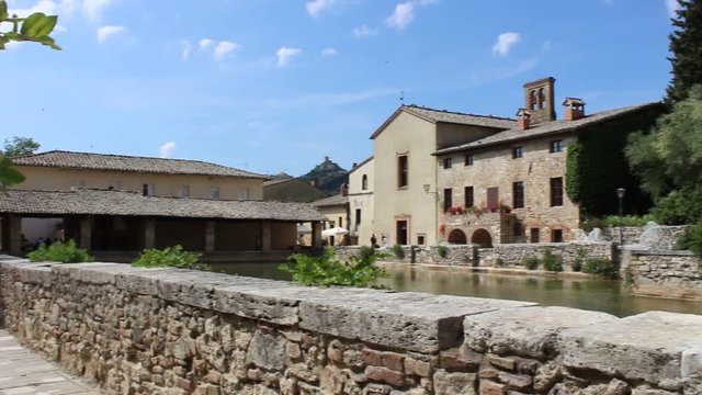 Square of sources in Bagno Vignoni, Siena countryside, Tuscany, Italy, Springtime. Left-Right pan view HD Video of the Thermal bath in the square, a rectangular tank of sixteenth-century origin.