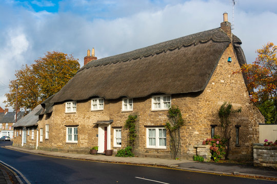 Oakham, United Kingdom. October 19, 2019 - English traditional orange brick wall village building.