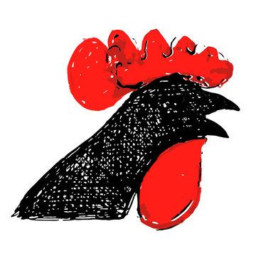 Cock illustration in red and black. Rasterized from sketch.