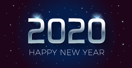 Vector Happy new year 2020 illustration with silver 3d text on a dark blue background full of stars.  For seasonal holiday web banners, flyers and festive posters