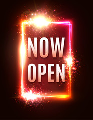 Now Open neon letters. Glowing lights rectangle frame on dark red background. Retro night club store shop signage with shining stars text. Color light square sign. Bright vintage vector illustration.