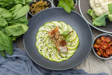 Fried Cod Fish with Sliced Courgette and Fresh Vegetable Salsa