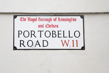Portobello road sign on the wall in London England