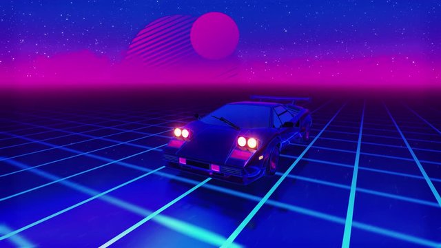 1980's Sports car speeding in neon grid. Retro Synthwave Vaporwave.  Seamless loop. 3D animation. 4K