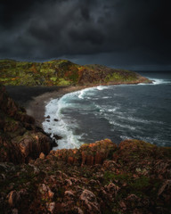 Stormy waves at Barents Sea, Arctic Ocean. Kola Peninsula, Murmansk region in Russia