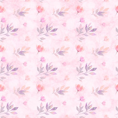 Fototapeta na wymiar Trendy seamless pattern with different watercolor floral elements on light pink background.