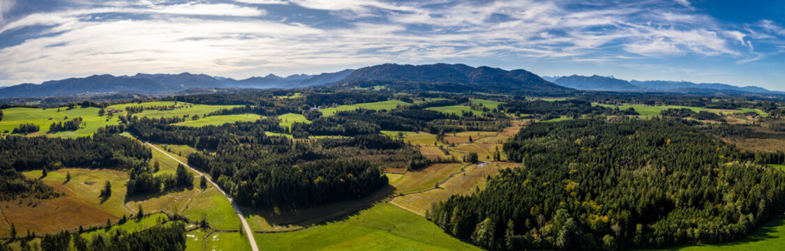 Aerial Alpenvorland landscape Bad Toelz Blomberg with Mountain Range Alps in the back. Bavaria, Germany, Alps