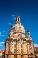 Fototapeta na wymiar Church of our Lady (Frauenkirche) at Neumarkt square in downtown of Dresden in summer with blue sky, Germany