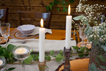 Rustic decoration from natural things for a perfect wedding reception. Boho party. Elegant catering.