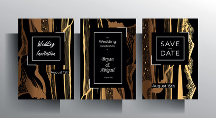 Design wedding invitation card set. Hand-drawn golden texture frame on a black background. Vector 10 EPS.