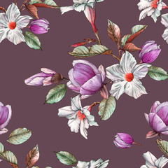 Floral seamless pattern with watercolor  magnolia and white flowers