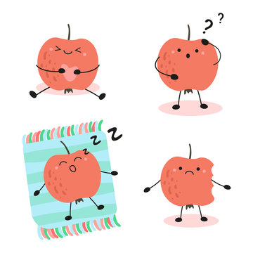 cute set of kawaii apples. an apple in different situations: sleeping, thinking, upset, dreaming.