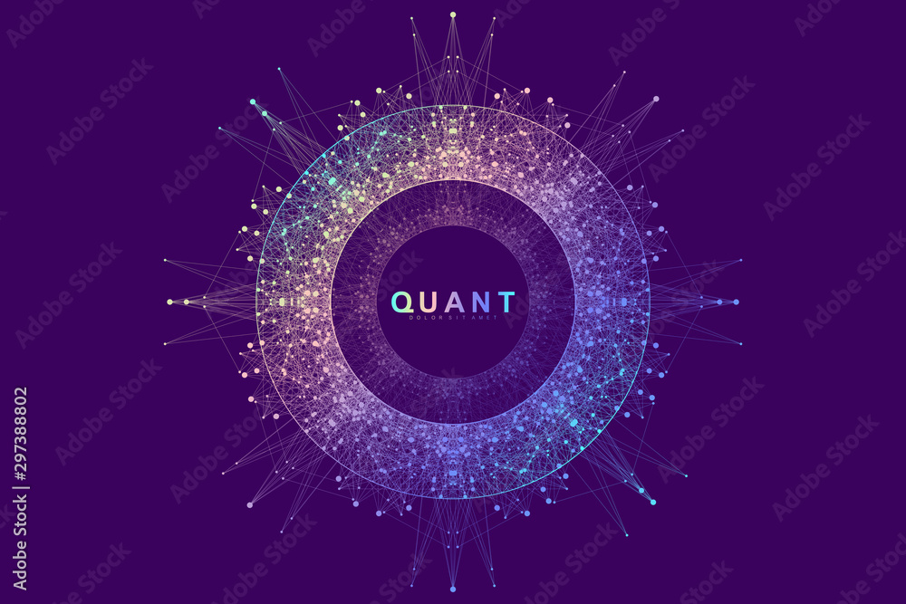 Poster Circular quantum computer technology concept. Sphere explosion background. Deep learning artificial intelligence. Big data algorithms visualization. Waves flow. Quantum explosion, vector illustration