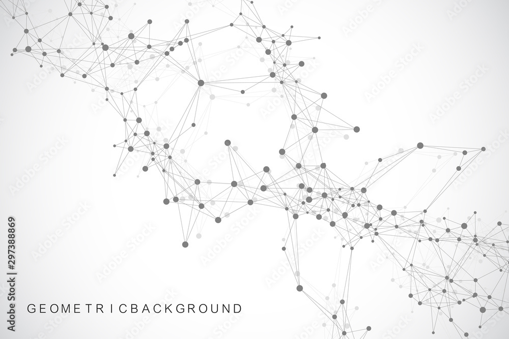 Poster Global network connection. Geometric abstract background with connected line and dots. Network and connection background for your presentation. Graphic polygonal background. Vector illustration.