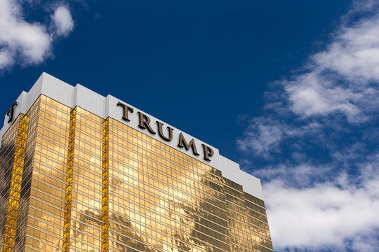 Dramatic view of Trump International Hotel under a blue sky on October 28, 2016 in Las Vegas, Nevada	