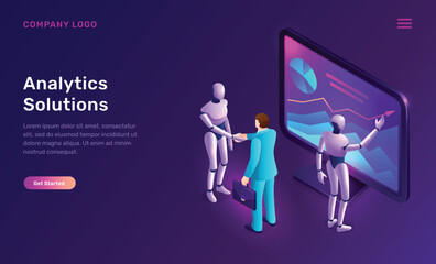 Data analysis or analytics solutions, isometric concept vector illustration. Two artificial intelligence robots or cyborgs analyze information on tablet screen with graphs, diagrams, future technology