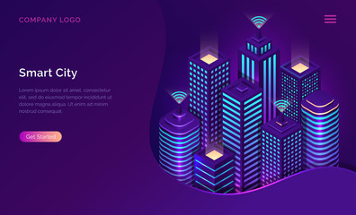 Smart city, internet of things and wireless network technology, isometric concept vector illustration. Tall urban buildings with symbol wireless internet isolated on ultraviolet background