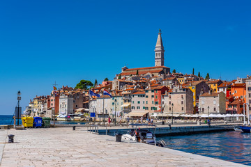 Panoramic view of romantic and historic Town of Rovinj on sunny summer day, Istra, Croatia