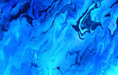 Bright blue abstract background with mixed paint. Acrylic texture with marble pattern. Color...