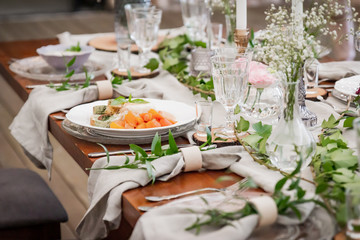 Hot dish. Rustic decoration from natural things for a perfect wedding reception. Boho party. Elegant catering.